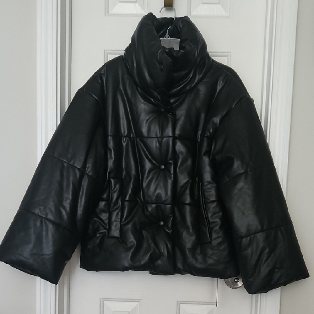 Black Puffer Jacket with Cropped Sleeves and High Collar